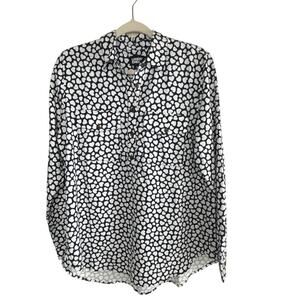 Lands’ End Navy Blue, White Heart Print Long Sleeve Button Down Blouse Size M
